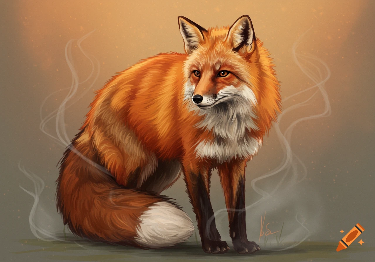 Digital painting of an orange and white fox sitting, looking to the left, with a warm-toned background.
