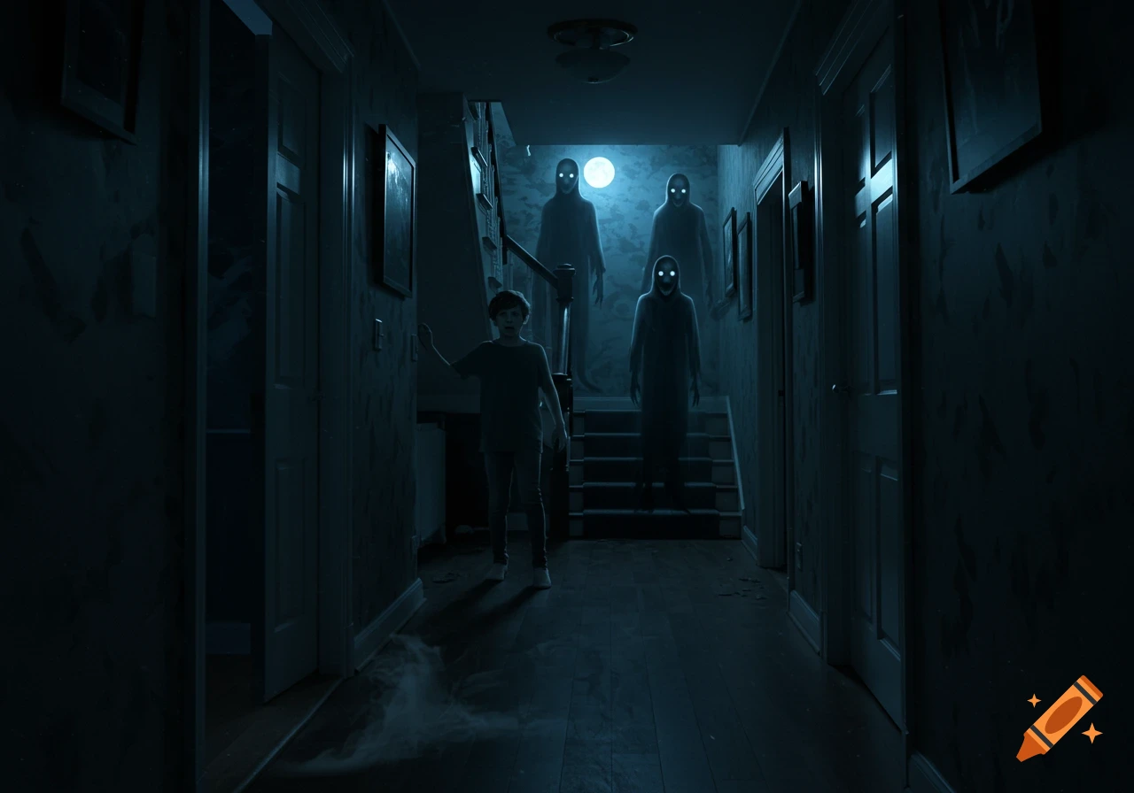 A child in a dark hallway, startled by three ghostly figures with glowing eyes descending stairs in an atmospheric horror scene.