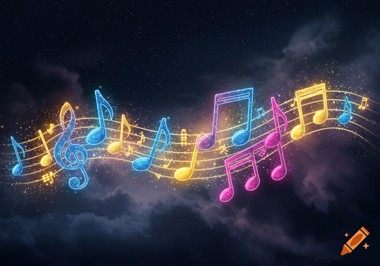 Glowing blue, yellow, and pink music notes float across a starry night sky with ethereal clouds.