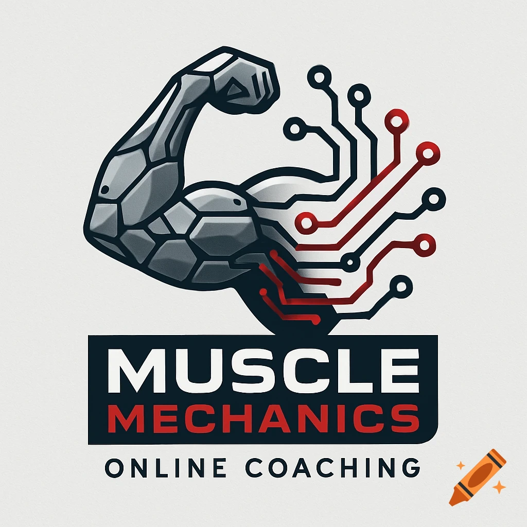 Modern logo featuring a stylized gray bicep connected to a circuit board, with the text 'MUSCLE MECHANICS ONLINE COACHING' in black and red below.