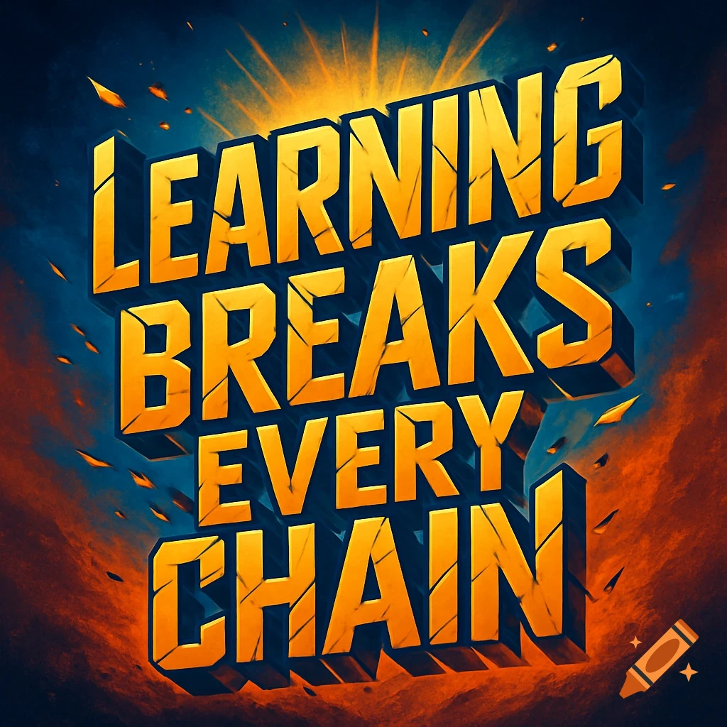 Bold 3D text 'LEARNING BREAKS EVERY CHAIN' in orange and yellow with cracks, set against a dynamic blue and orange exploding background.