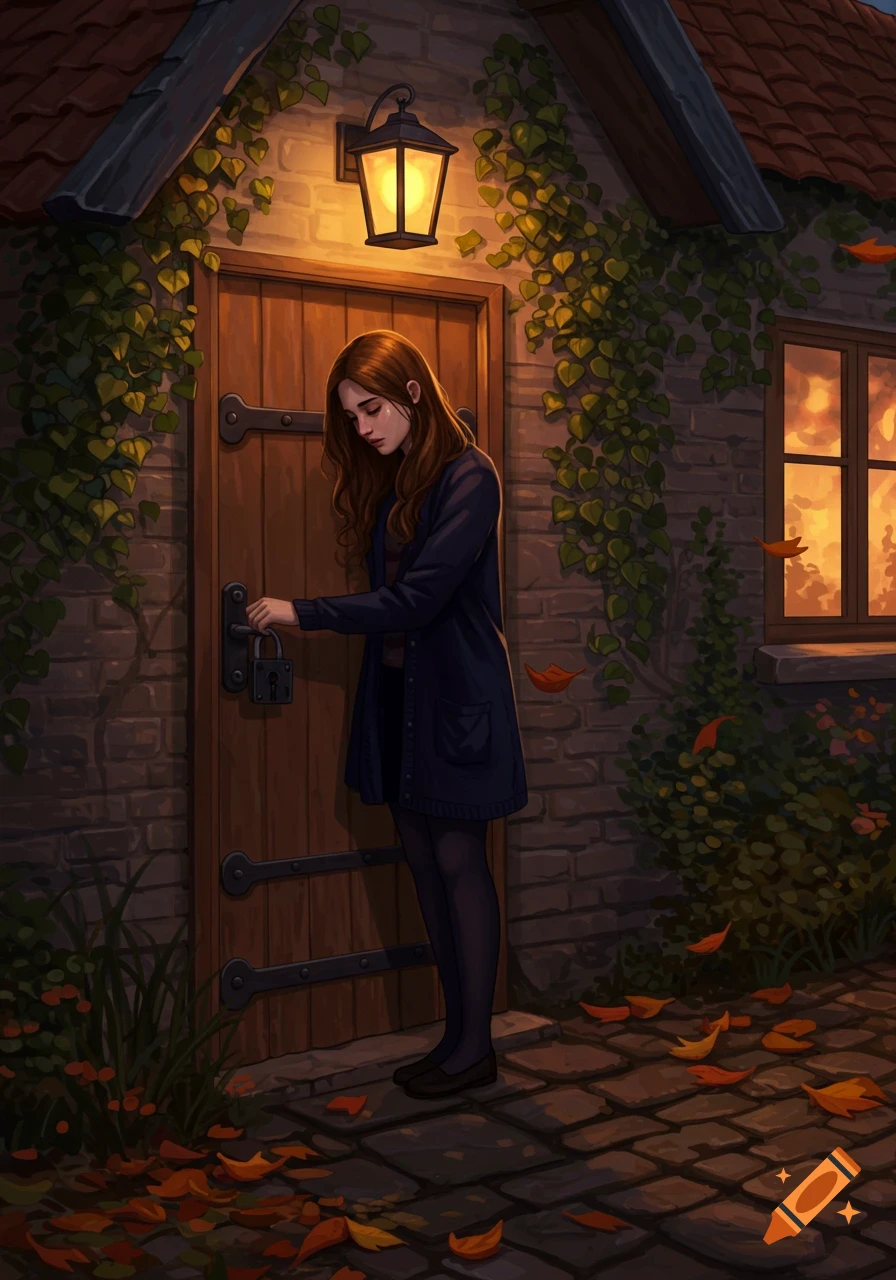 A sad woman unlocks a wooden door on a brick house at dusk, surrounded by ivy and autumn leaves, illuminated by a lantern.