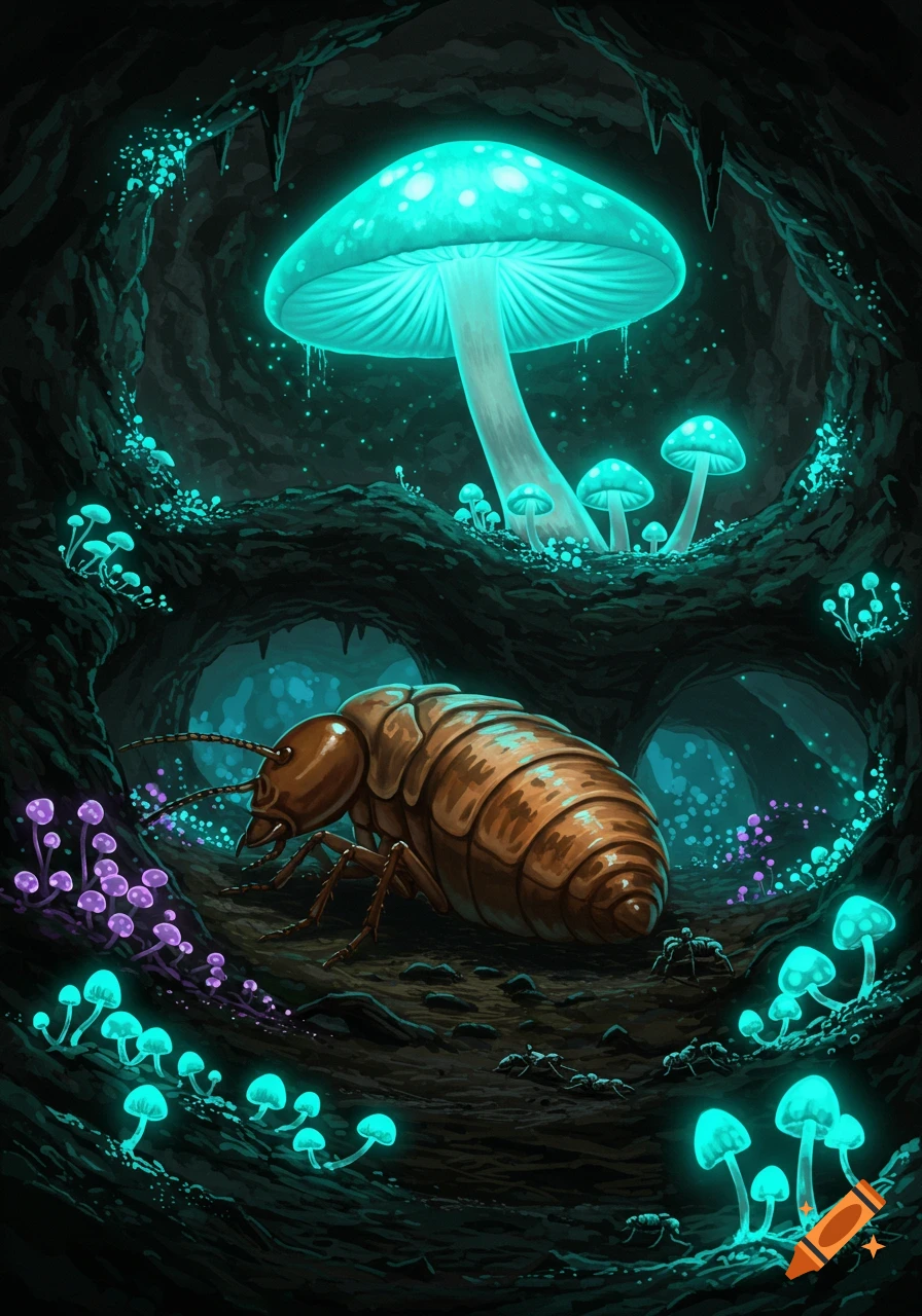 A large brown termite queen next to a giant glowing teal mushroom and smaller glowing purple and teal fungi in a dark cave.
