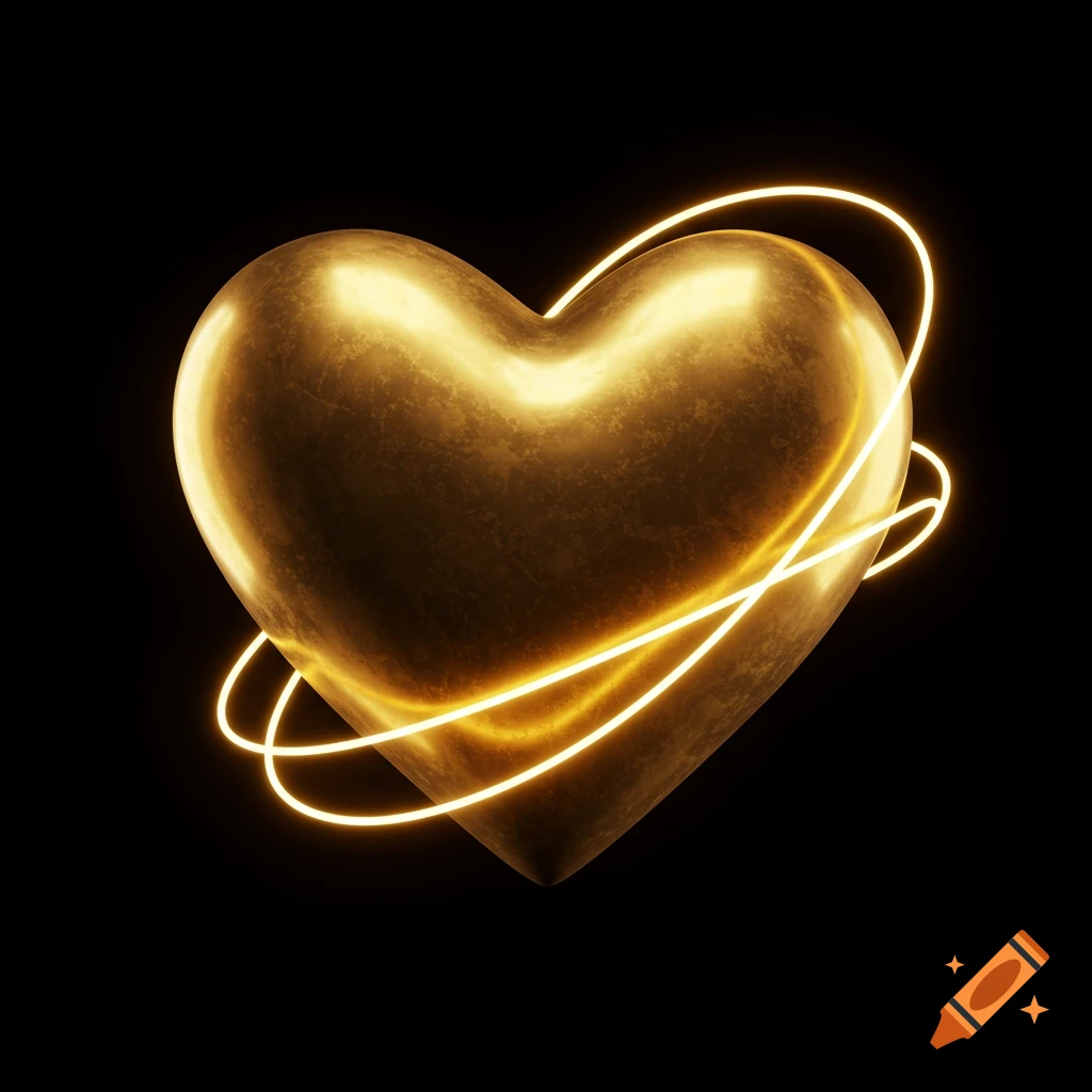 A shimmering golden heart with bright neon rings orbiting it on a black background.