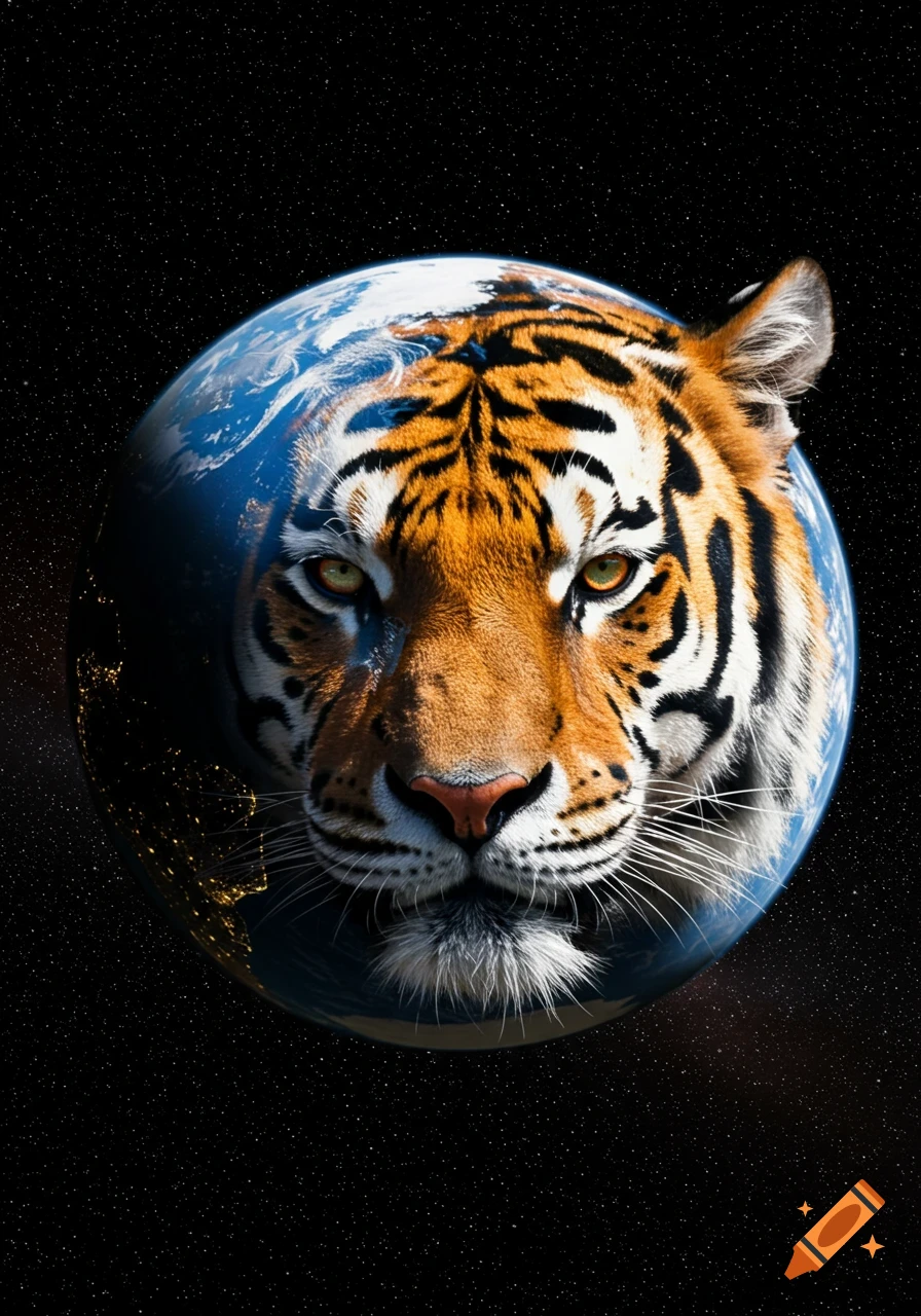 A close-up of a tiger's face composited onto Earth, seen against a dark, starry space background.