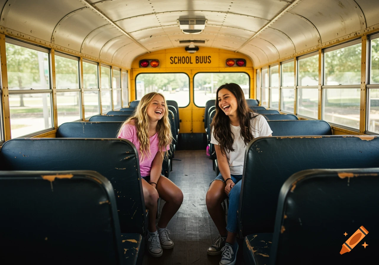 Two happy teenage girls laugh while sitting on separate seats inside an empty school bus.