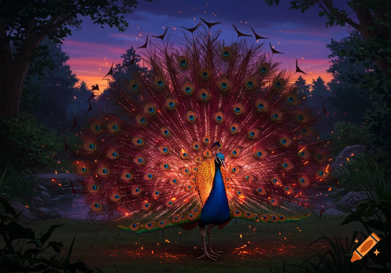 A vibrant peacock with fanned, flaming tail feathers stands in a dark forest at sunset.