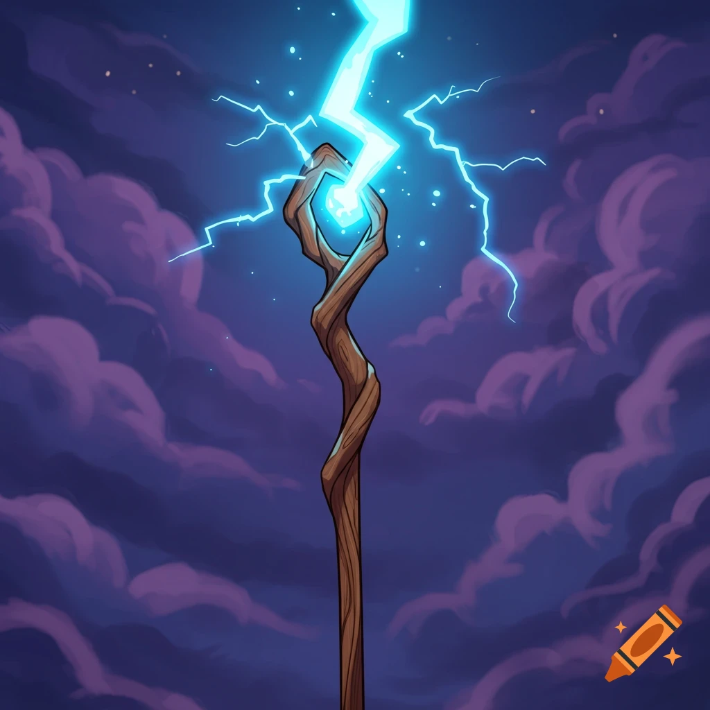 Cartoon wizard staff with a glowing blue orb at the top, struck by a bright blue lightning bolt against a dark purple, cloudy night sky.