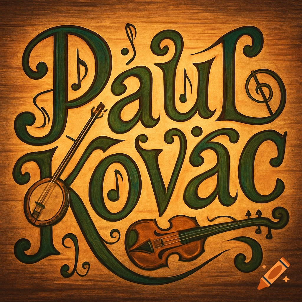 Stylized green and brown text 'Paul Kovac' on a wooden background, featuring a banjo, violin, and musical notes.