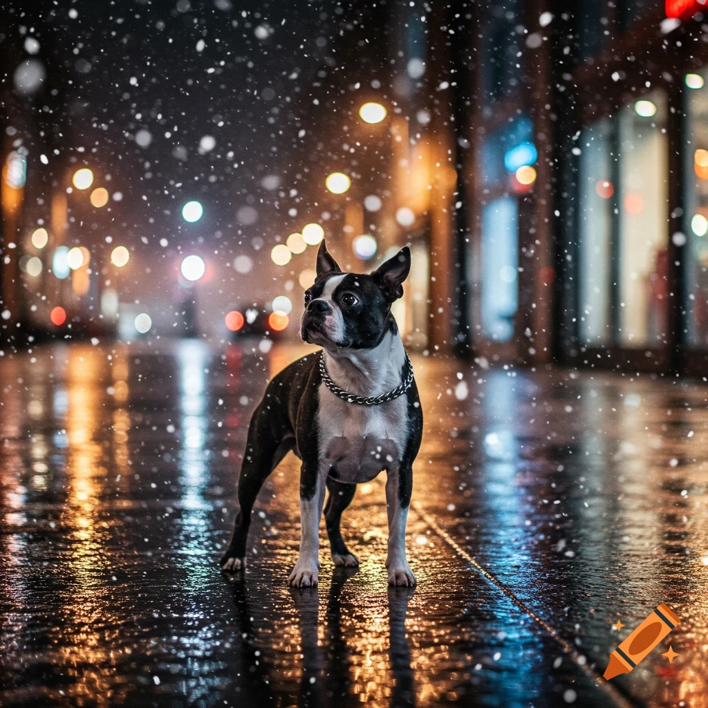 A photorealistic Boston Terrier stands on a wet city street at night with falling snow and blurred colorful city lights.
