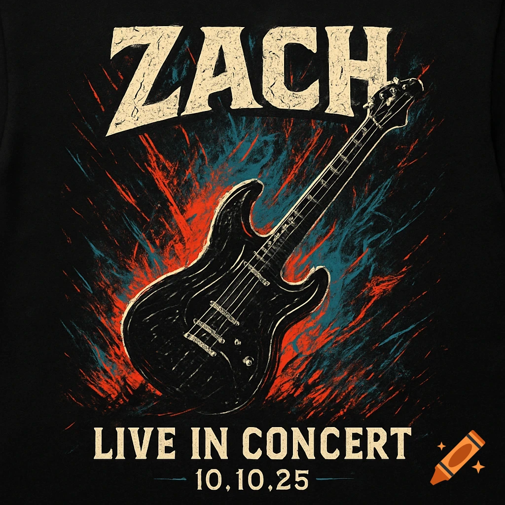 A grunge-style t-shirt design features a black electric guitar against red and blue splatters. Text reads 'ZACH LIVE IN CONCERT 10.10.25'.