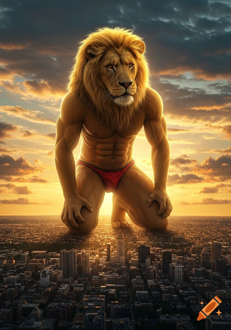 Gigantic muscular anthropomorphic lion in a red Speedo kneeling over a vast city at sunset, photorealistic.
