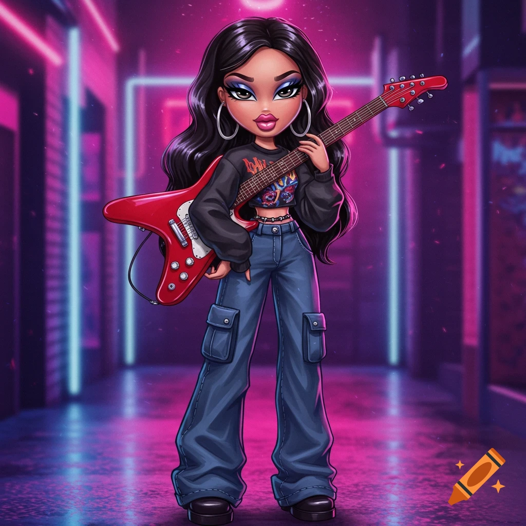 Bratz-style doll with long dark hair, wearing a black crop top band tee and cargo jeans, holding a red electric guitar in a neon-lit hallway.