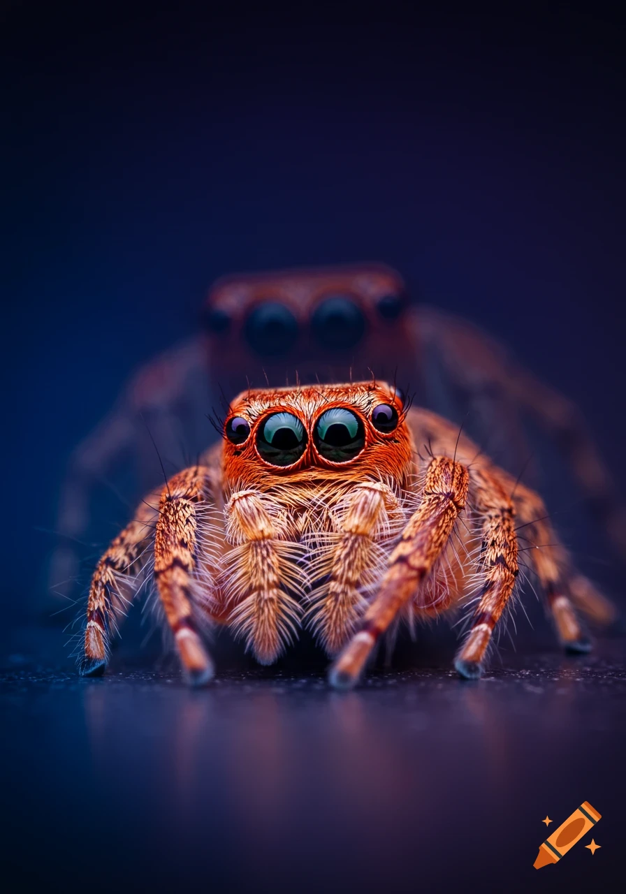 Photorealistic close-up of a reddish-orange jumping spider with glossy black eyes on a dark blue background, with a blurred spider silhouette behind it.