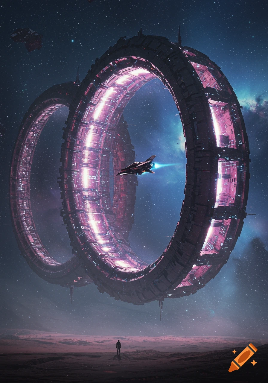 A lone figure on a dusty planet looks up at two massive glowing purple sci-fi rings with a spaceship flying through them against a starry sky.
