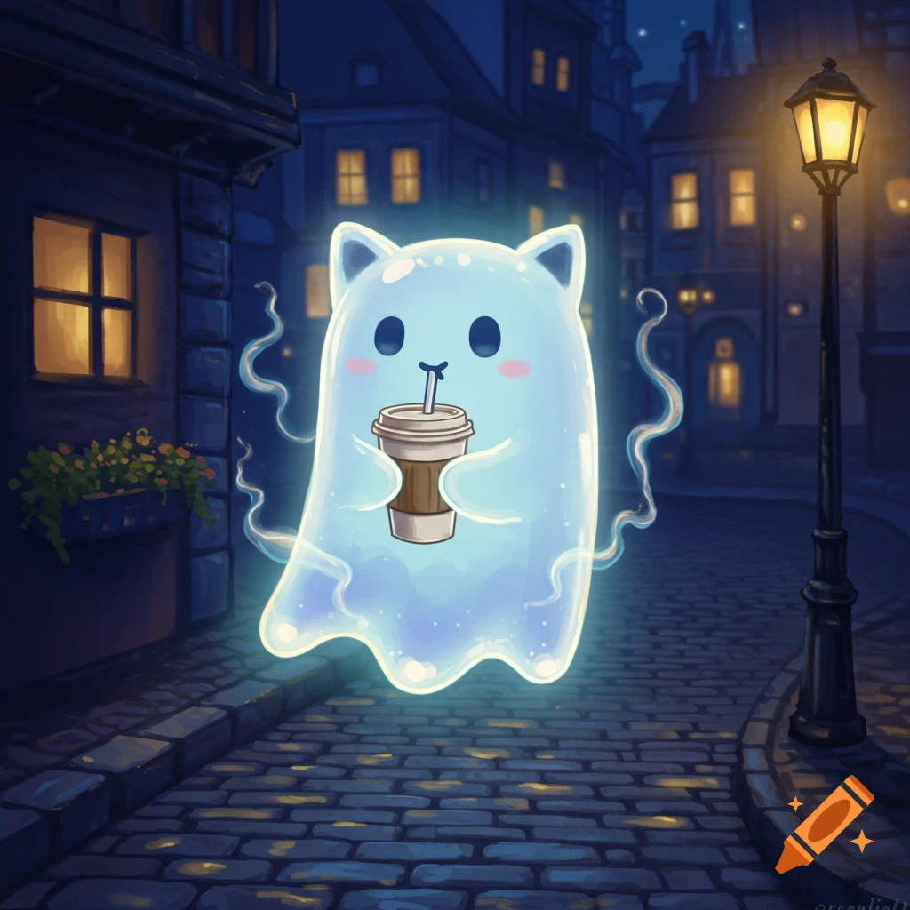 A cute glowing cat-eared ghost drinks coffee on a cobblestone street at night, cartoon illustration.