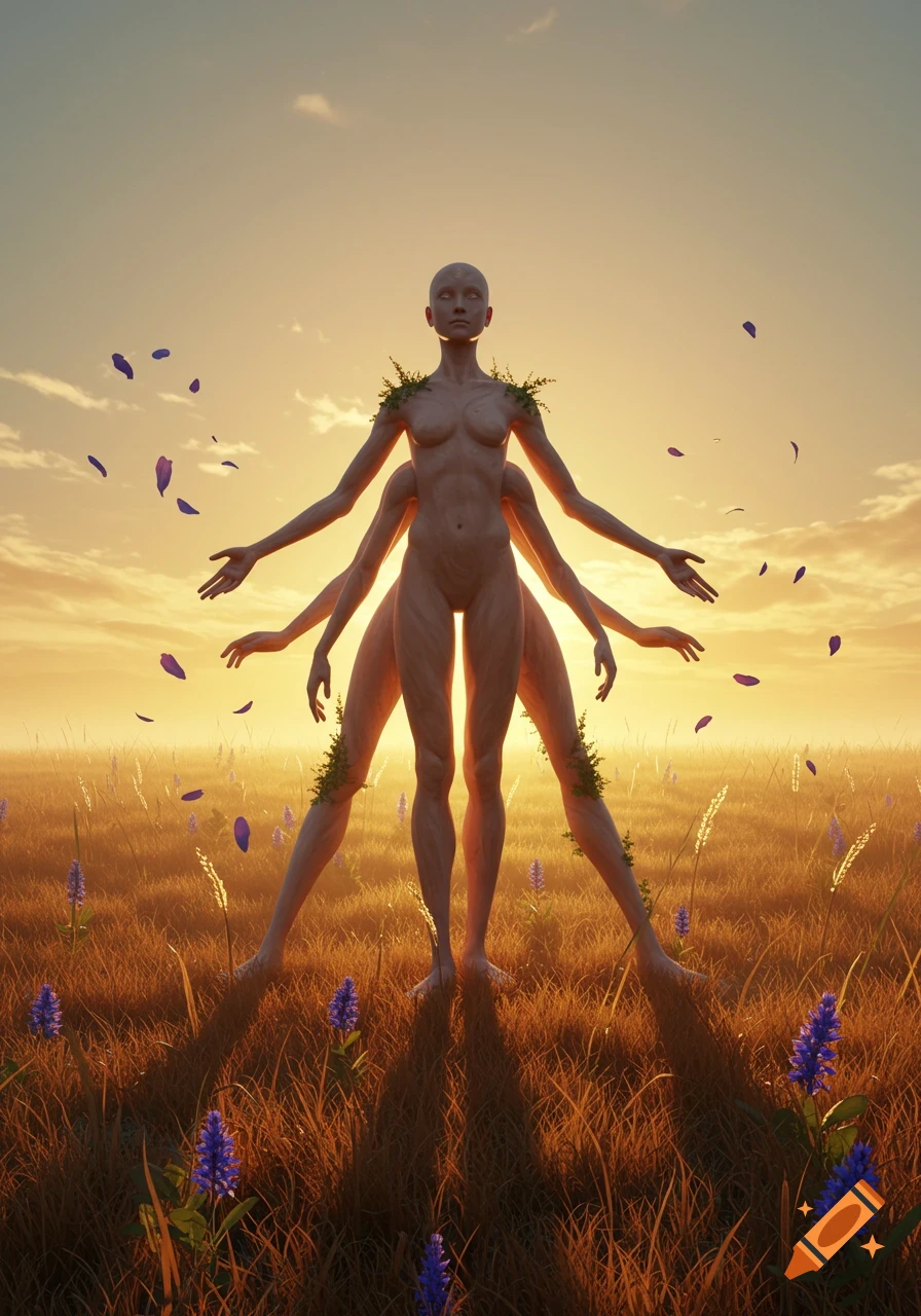 A multi-limbed figure stands in a golden field at sunset, with purple flowers and petals floating around.