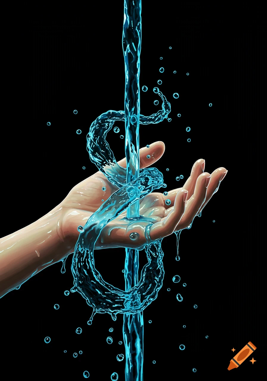 A human hand reaching out, with vibrant blue water flowing and splashing through it against a black background. Digital art.