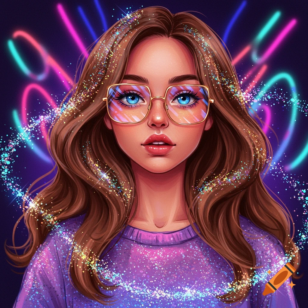 Stylized portrait of a woman with long brown hair, blue eyes, and square glasses, with glitter and neon lights.