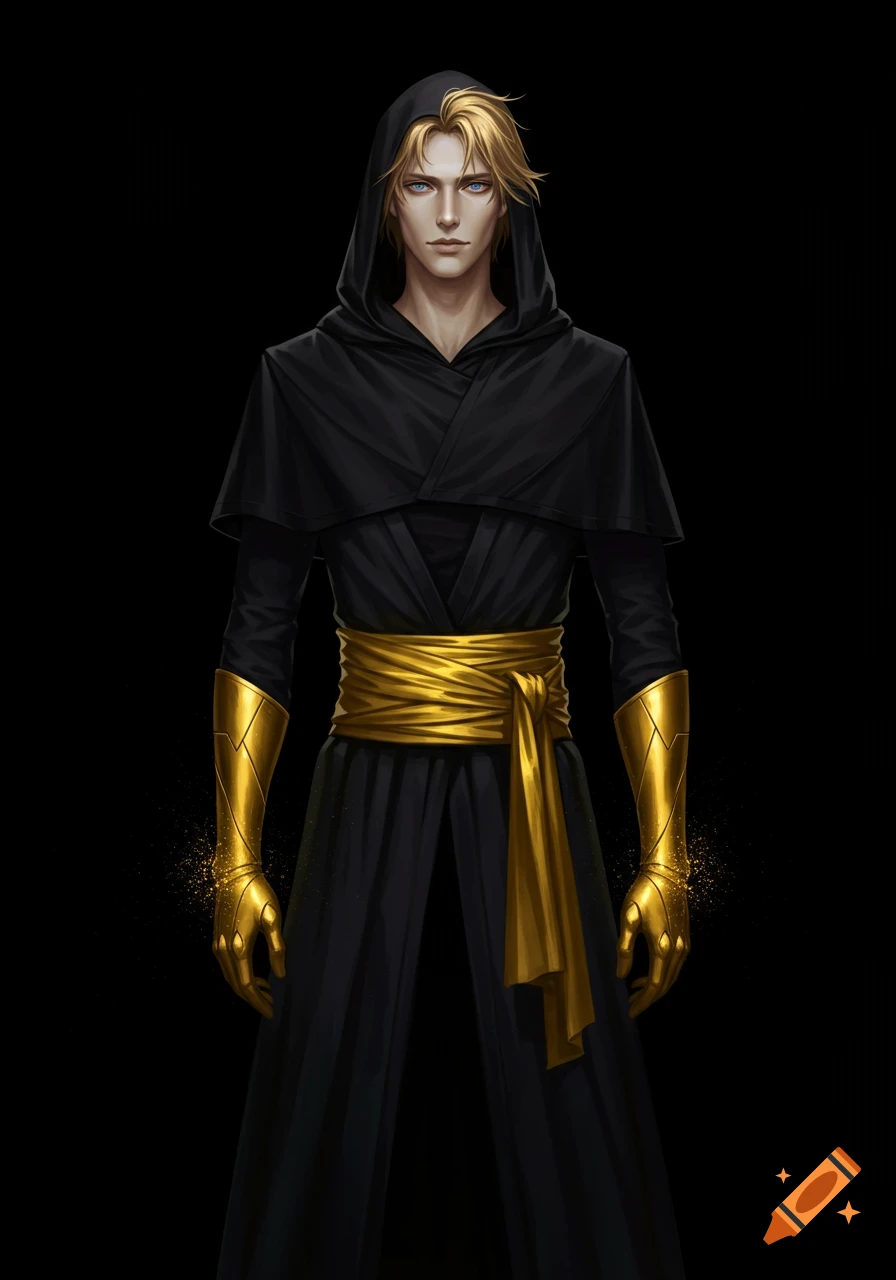 A handsome young man with blonde hair and blue eyes in a black hooded robe, golden sash, and golden gloves, standing in a black void.