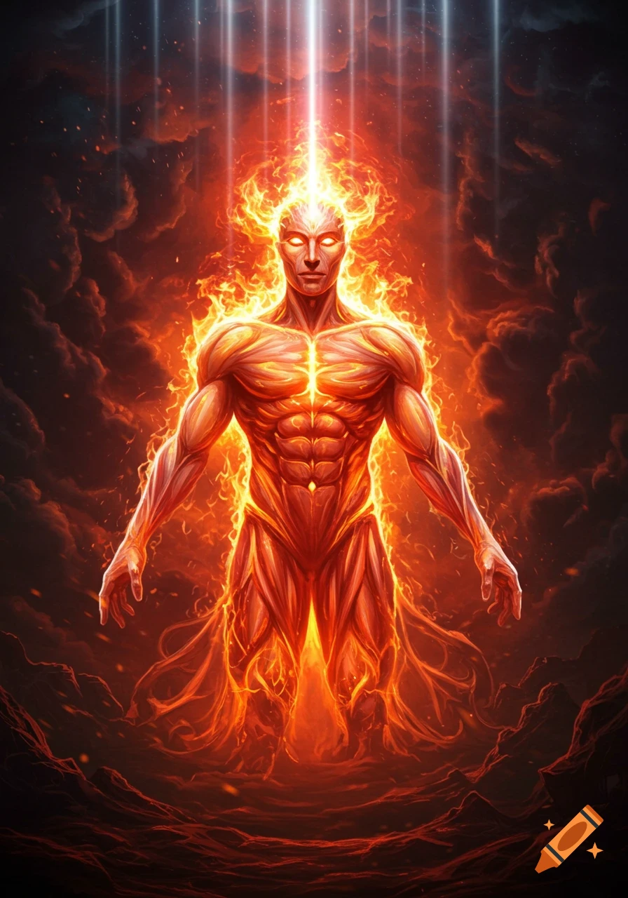 A powerful, muscular, god-like man made of fire stands with an intense gaze, emanating light and surrounded by fiery clouds.