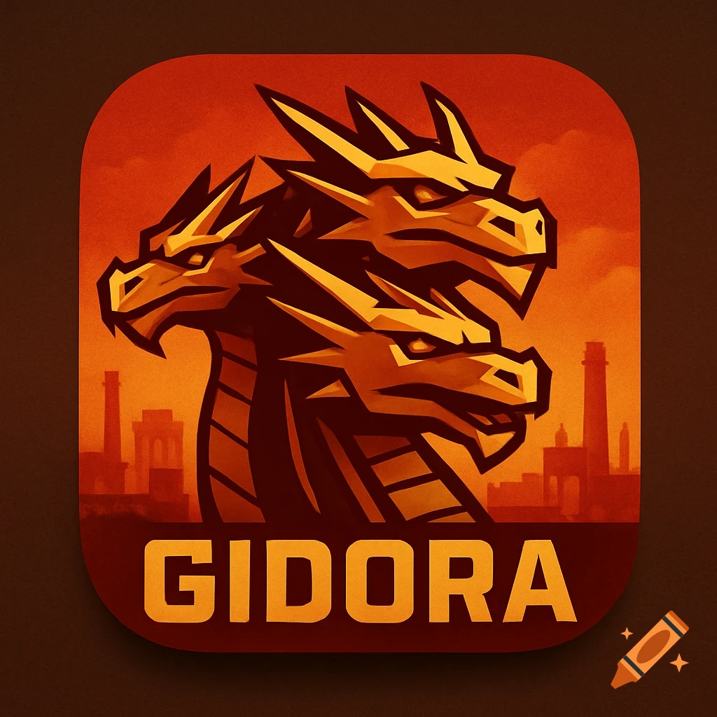 An app logo featuring three stylized, stacked dragon heads in orange and black tones against a dark orange background with city silhouettes, with the word GIDORA below.