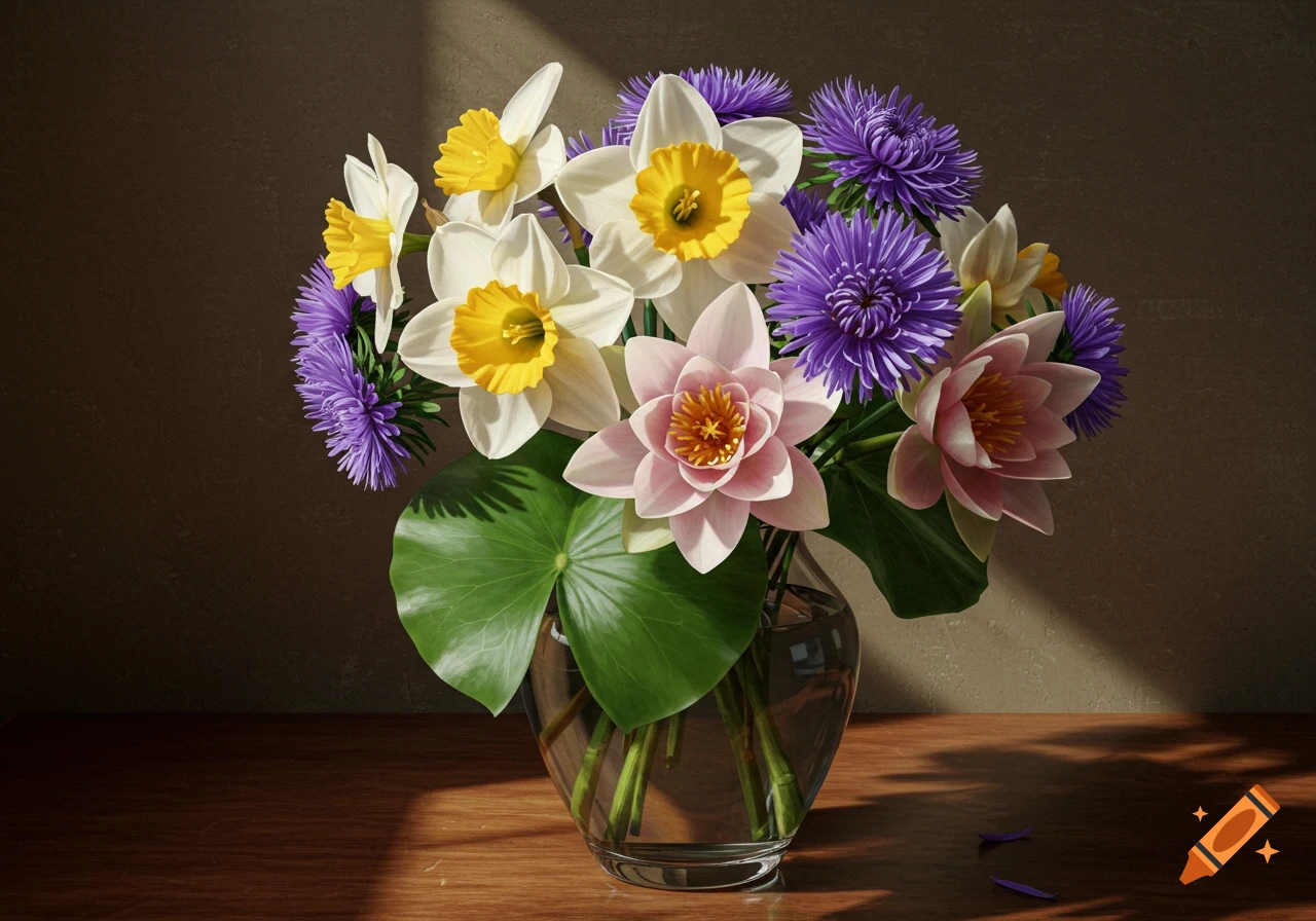 A realistic bouquet of white daffodils, purple asters, and pink water lilies in a clear vase on a wooden table, lit by sunlight.
