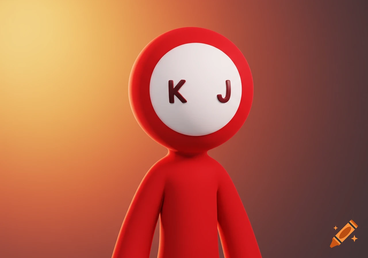 A red stick figure with a white circular head, featuring the letter K as its left eye and J as its right eye, against an orange and red gradient background in a 3D render style.