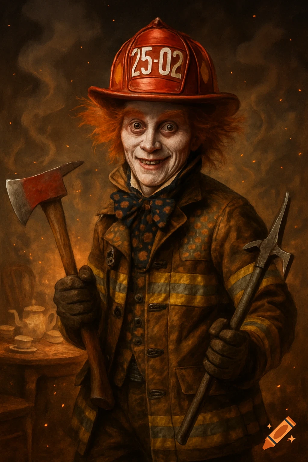 A creepy Mad Hatter-like firefighter with wild red hair, wearing a helmet with '25-02', holds an axe and a halligan bar.