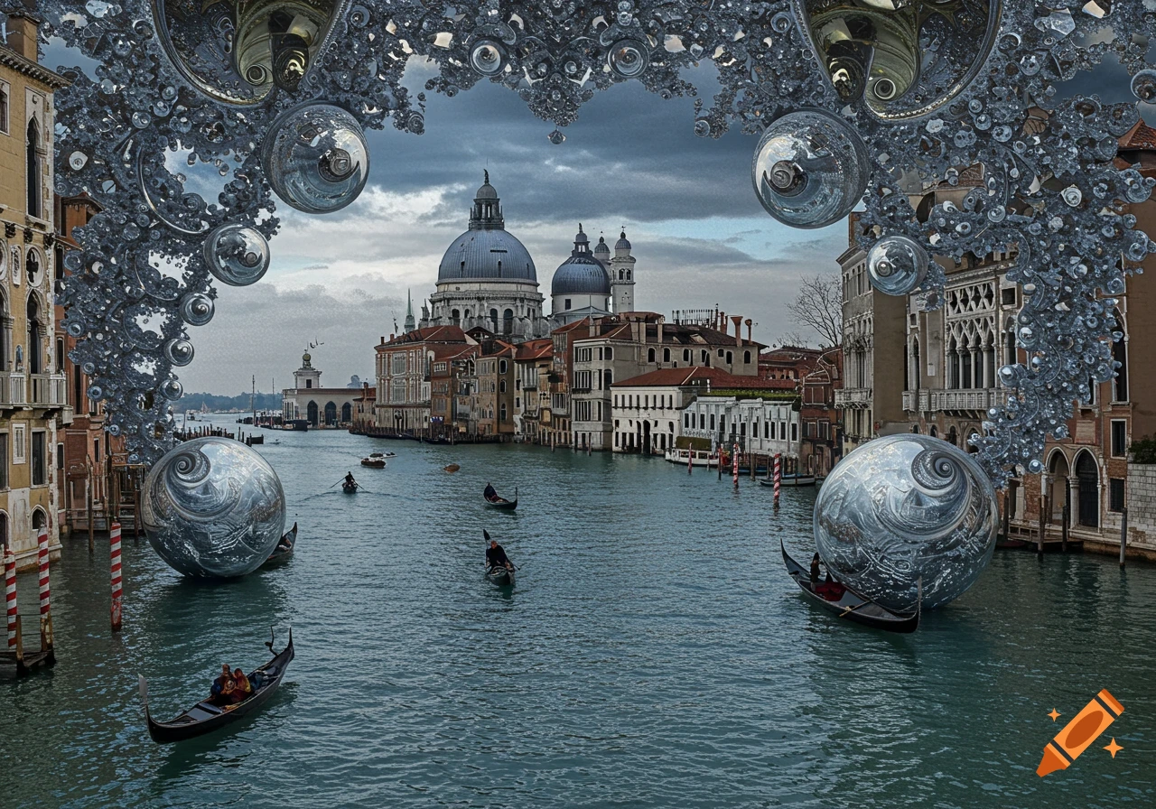 Surreal Venice cityscape with historic buildings, gondolas, metallic fractal structures, and reflective spheres on the Grand Canal.