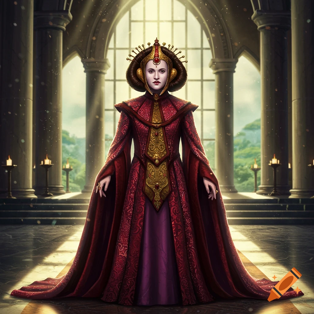 A woman resembling Princess Amidala in a majestic, ornate red and gold gown stands in a grand, sunlit hall with tall columns.