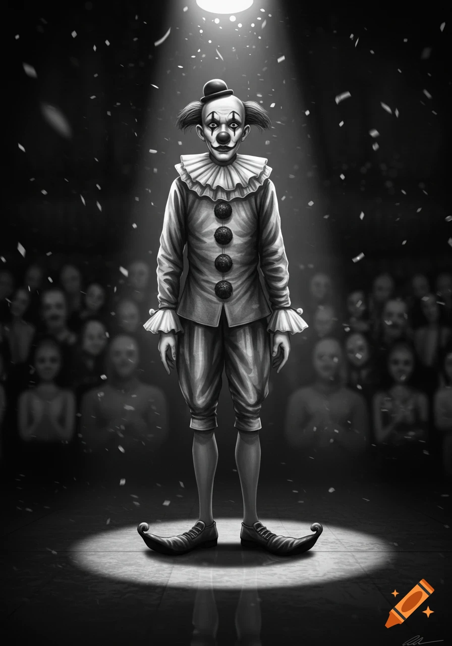 A monochrome illustration of a sad-looking clown standing alone in a spotlight on a stage, with a blurry audience in the background and confetti falling.