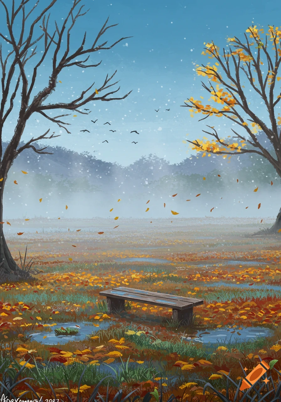 Painterly illustration of an autumn field with a wooden bench, bare trees, falling yellow leaves, and light snow.