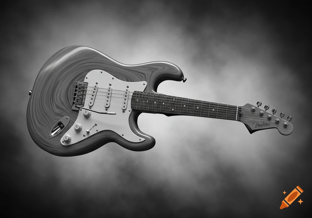 Greyscale Fender Stratocaster electric guitar with a warped wood grain body, against a dark, smoky background.