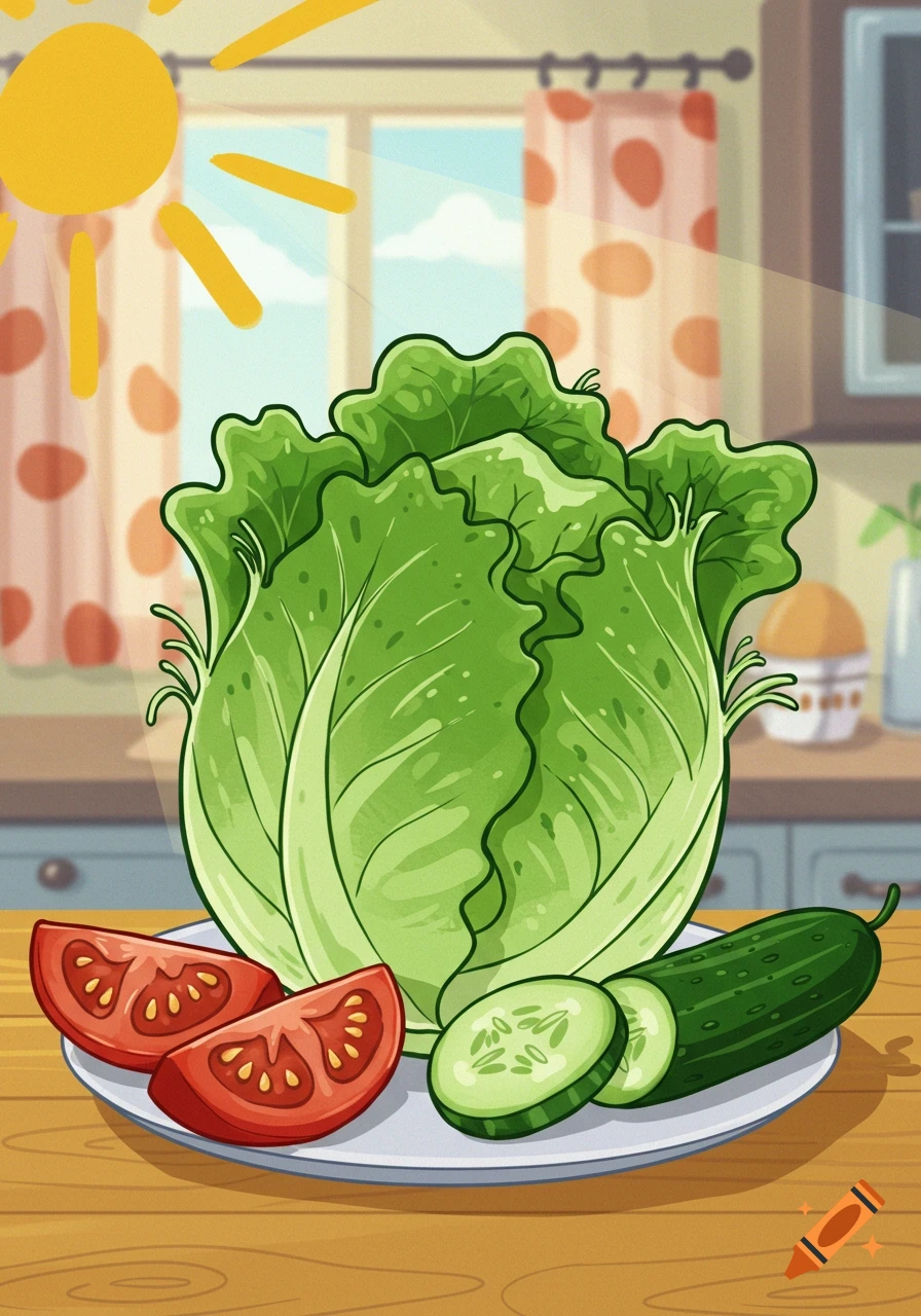 A cartoon illustration of a head of lettuce, sliced tomatoes, and cucumber on a plate, on a wooden table in a sunny kitchen.