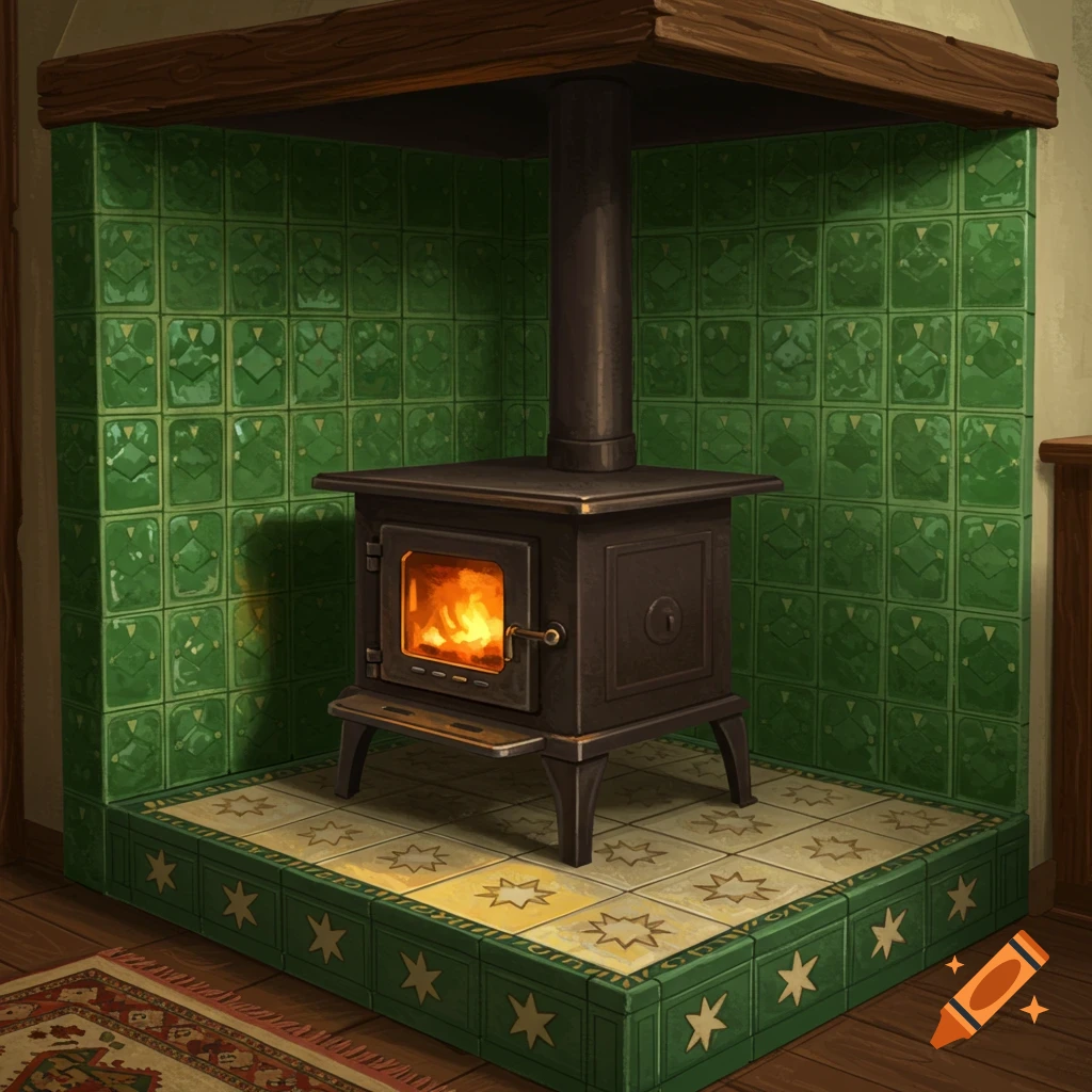 A wood-burning stove with a visible fire sits in a recess with green tiles, on a hearth with star-patterned tiles, and a wooden beam overhead.