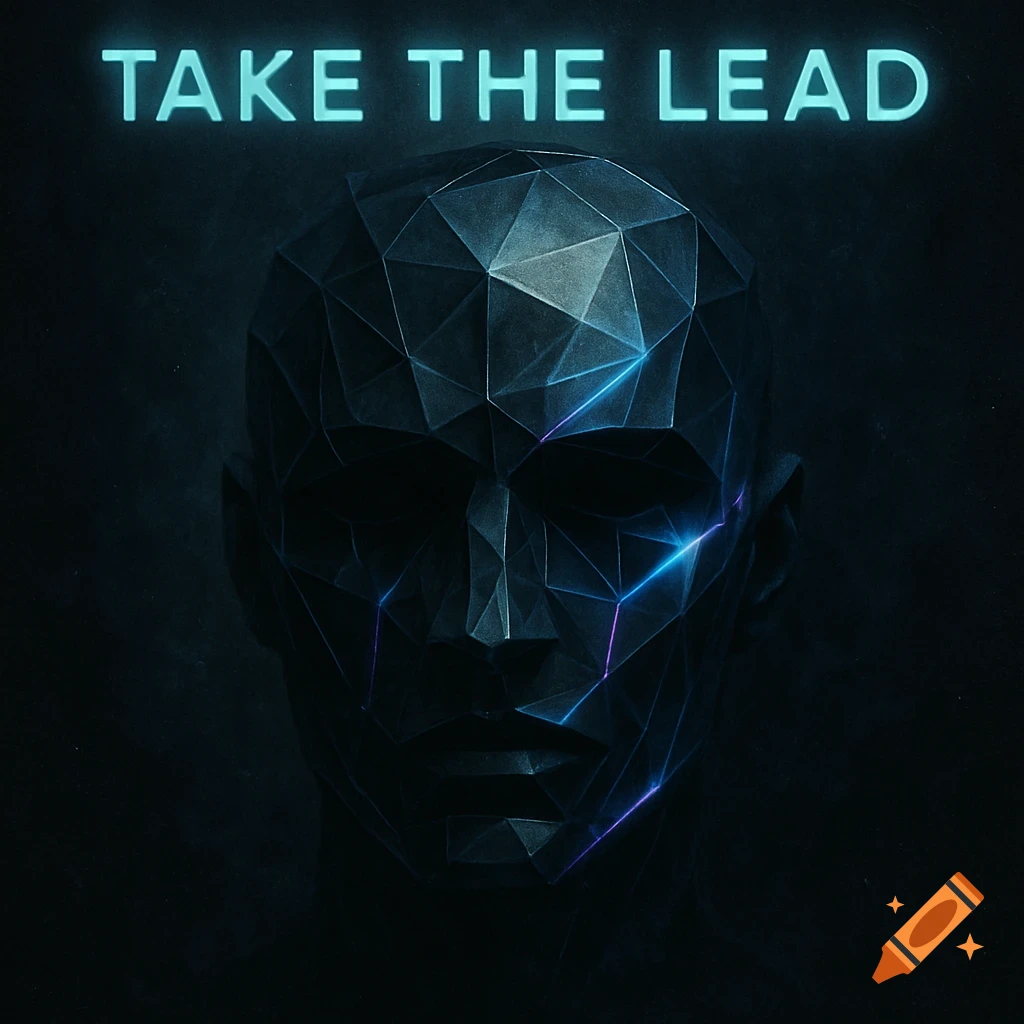 A dark, geometric, polygonal human head with glowing blue and purple lines, with the words 'TAKE THE LEAD' in neon text above. Electronic art style.