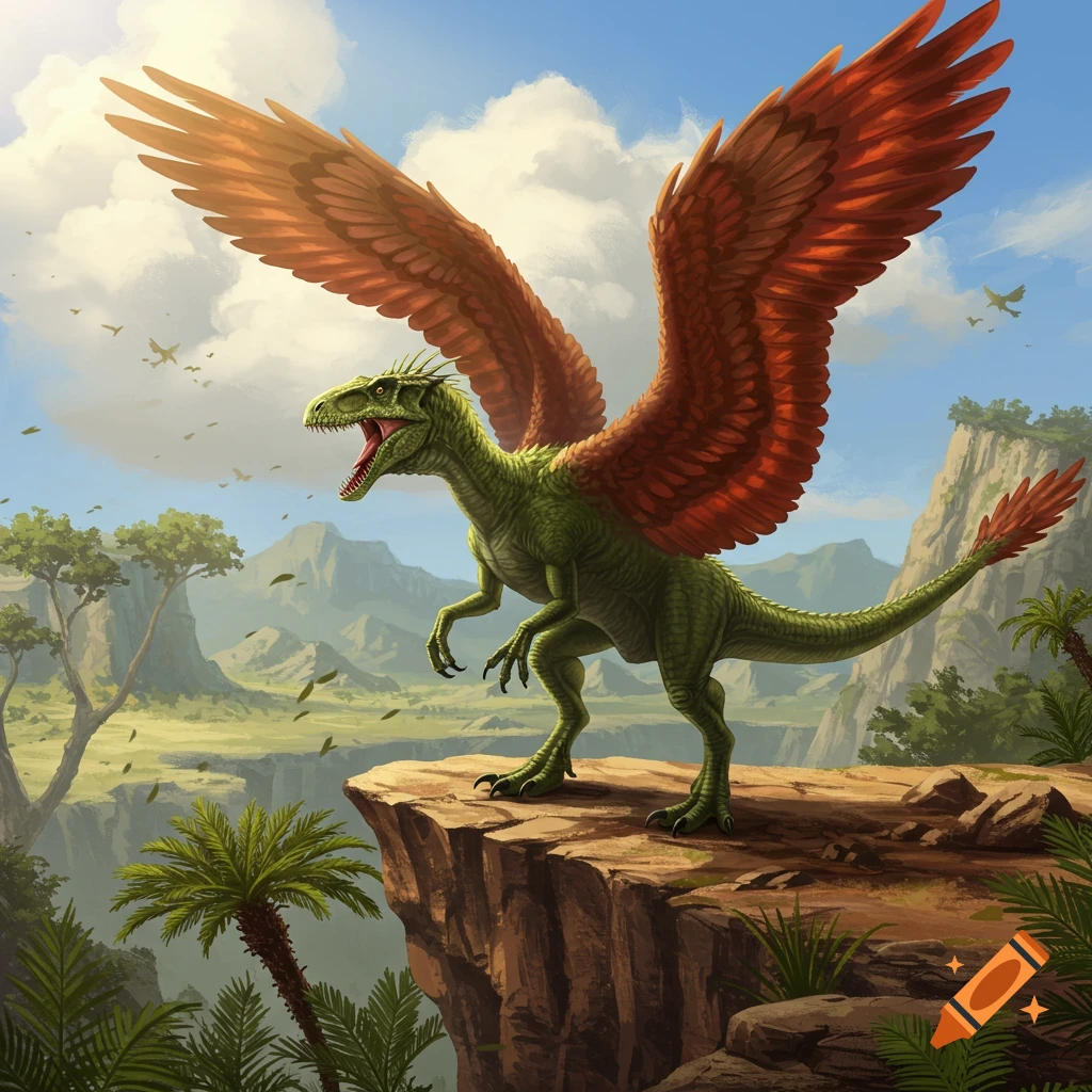 A green winged dinosaur with reddish-brown wings stands on a cliff, roaring over a prehistoric valley with mountains and palm trees.
