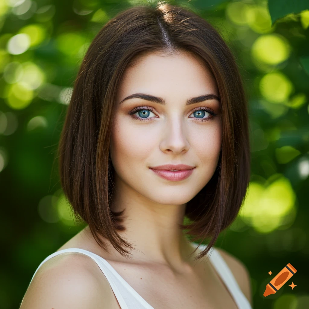 A photorealistic portrait of a young woman with brown bob hair, blue eyes, and a white top, smiling in front of green foliage.
