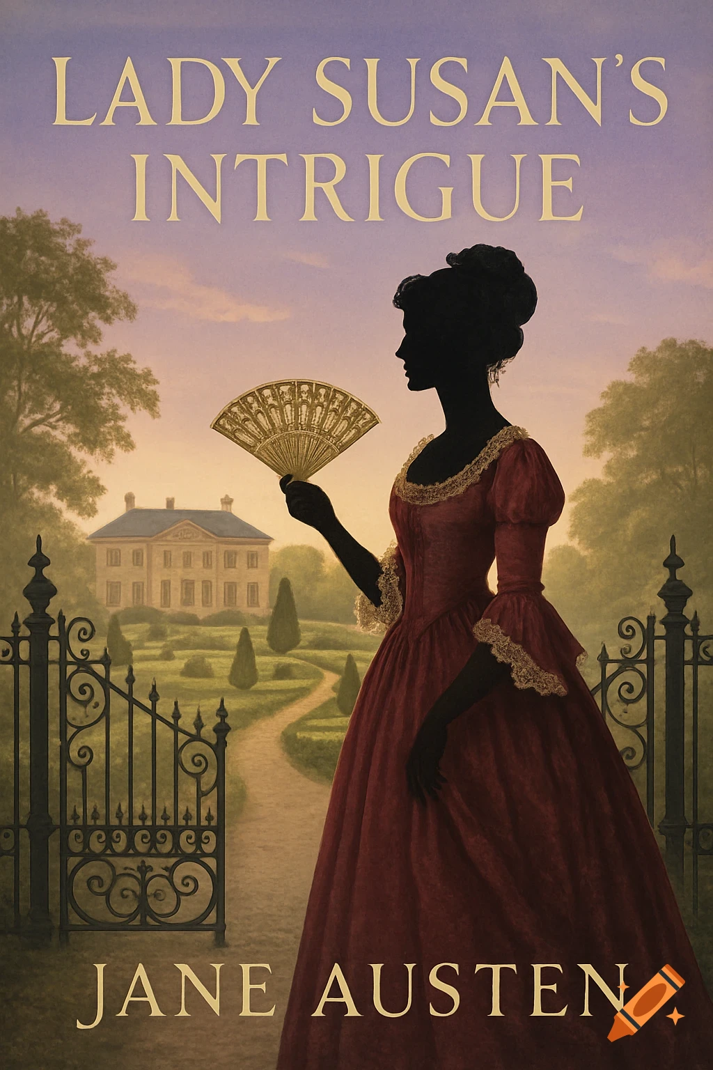 Regency book cover with a woman's silhouette in a red dress holding a fan in a garden. Text: Lady Susan's Intrigue, Jane Austen.