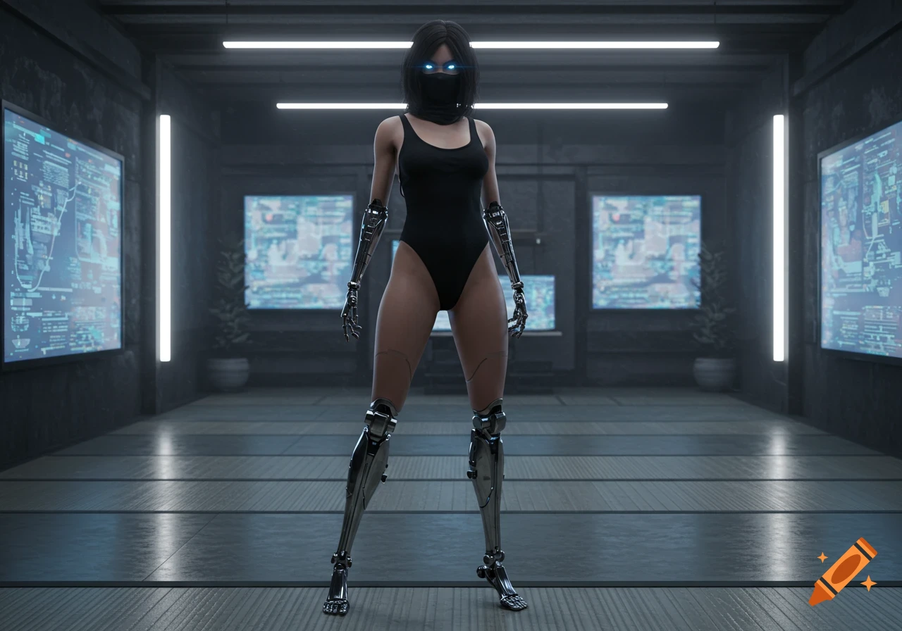 A photorealistic image of a futuristic Japanese woman with cyborg limbs, wearing a black swimsuit and ninja mask, standing in a sci-fi room.