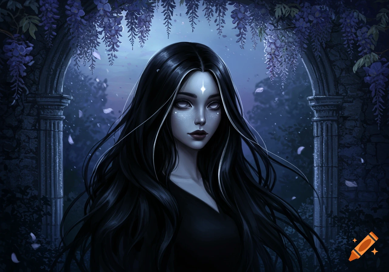 A digital painting of a pale woman with long black hair, a silver streak, and glowing white eyes, standing under a wisteria-draped archway.
