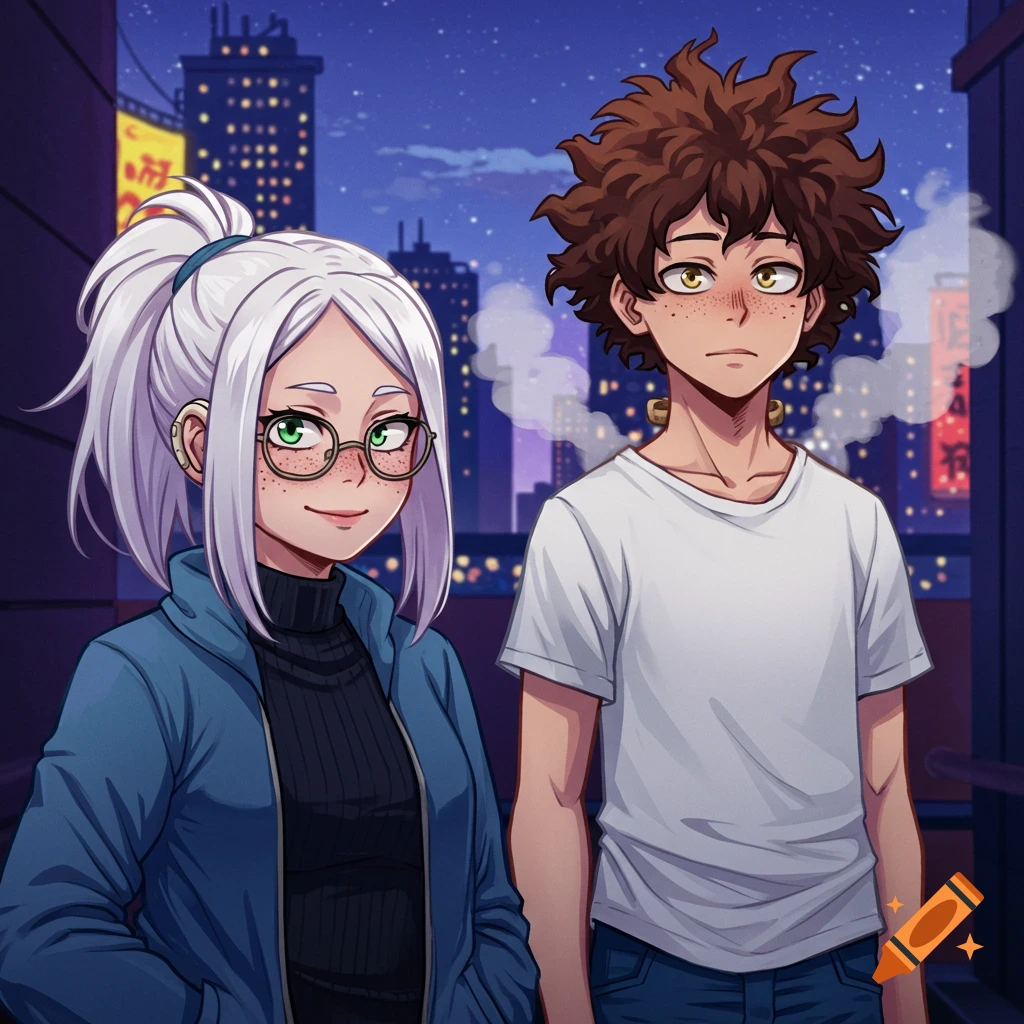 Two anime characters, a white-haired woman with glasses and a brown-haired man, stand against a night city skyline.