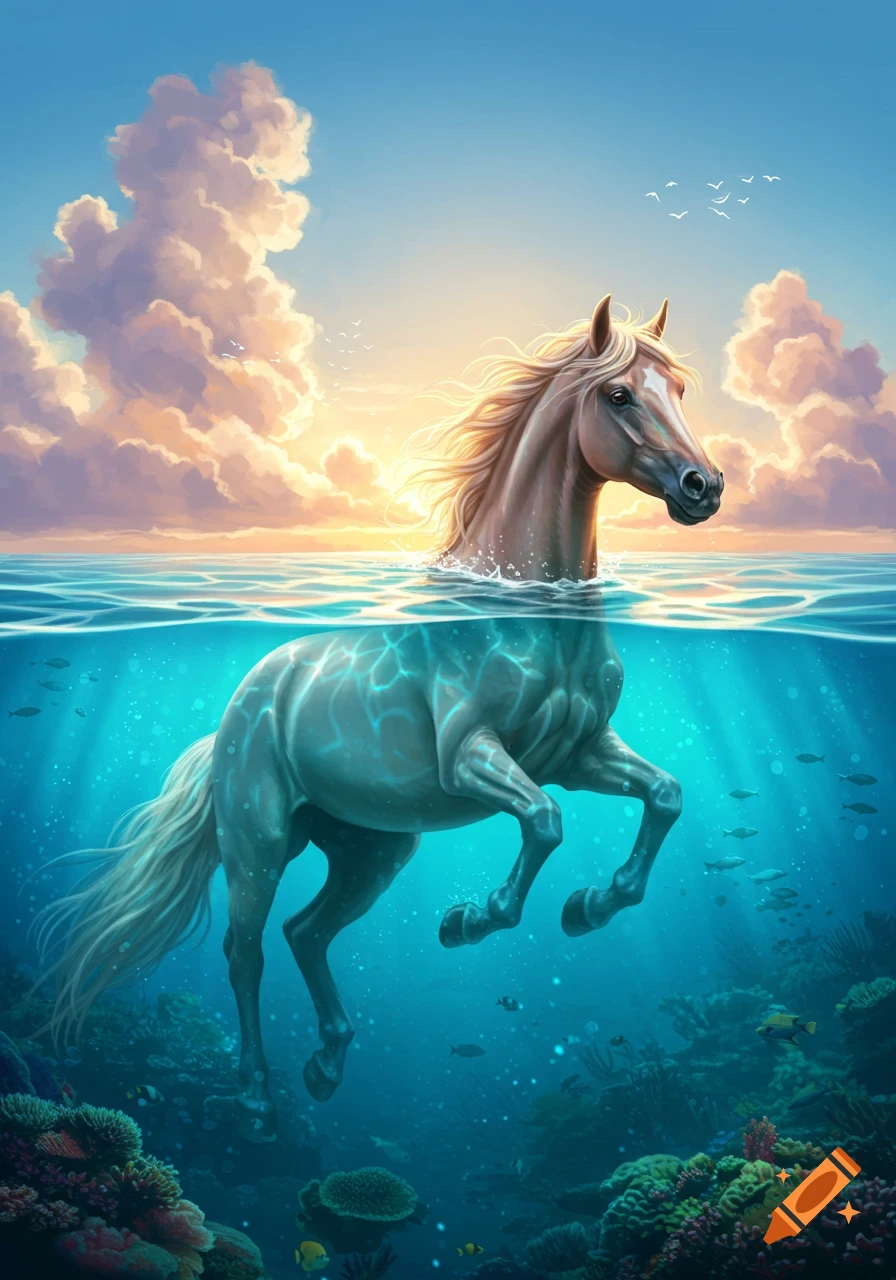 An illustrative scene of a horse half submerged in clear blue ocean water at sunset, with a vibrant coral reef below.