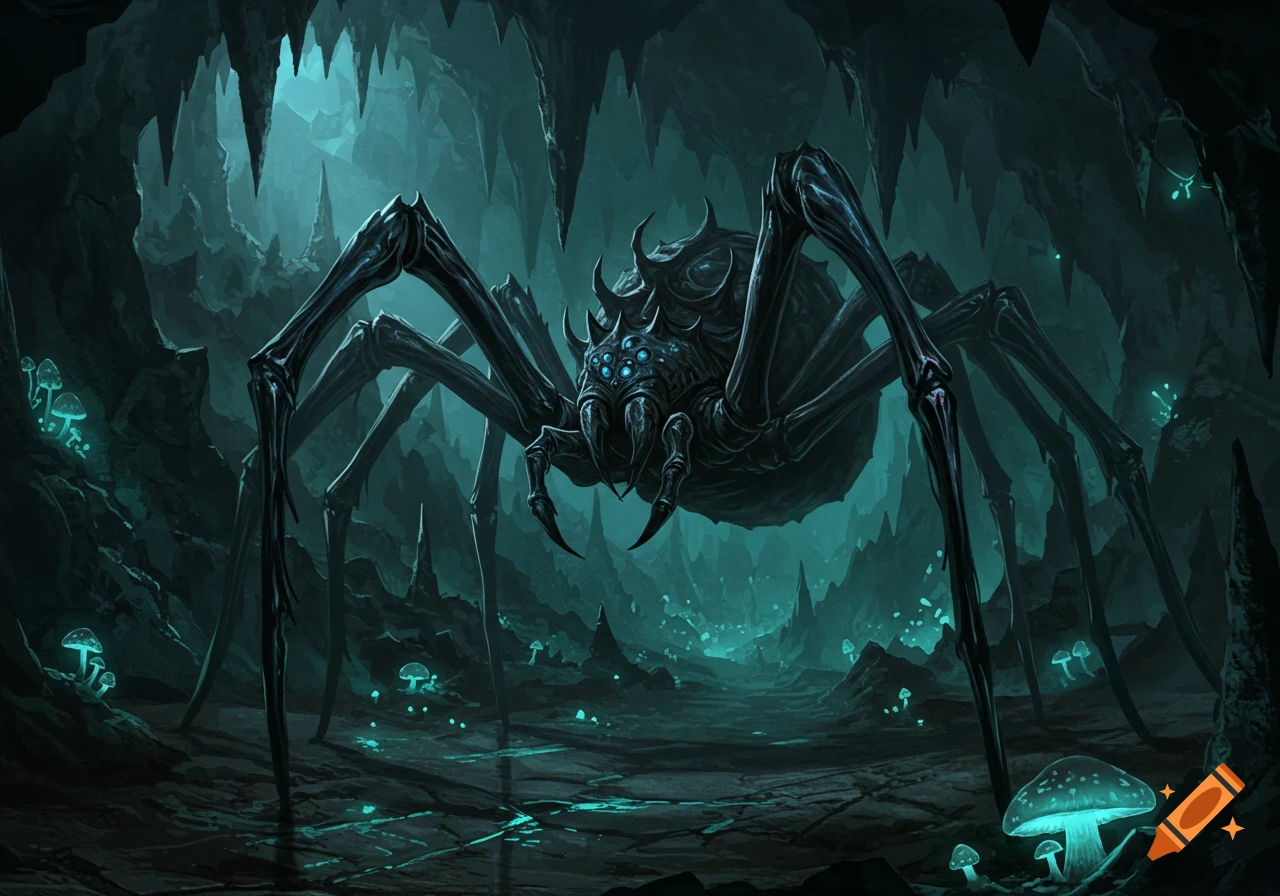 A monstrous, dark, multi-eyed spider in a glowing blue and black cave with bioluminescent mushrooms, fantasy art style.