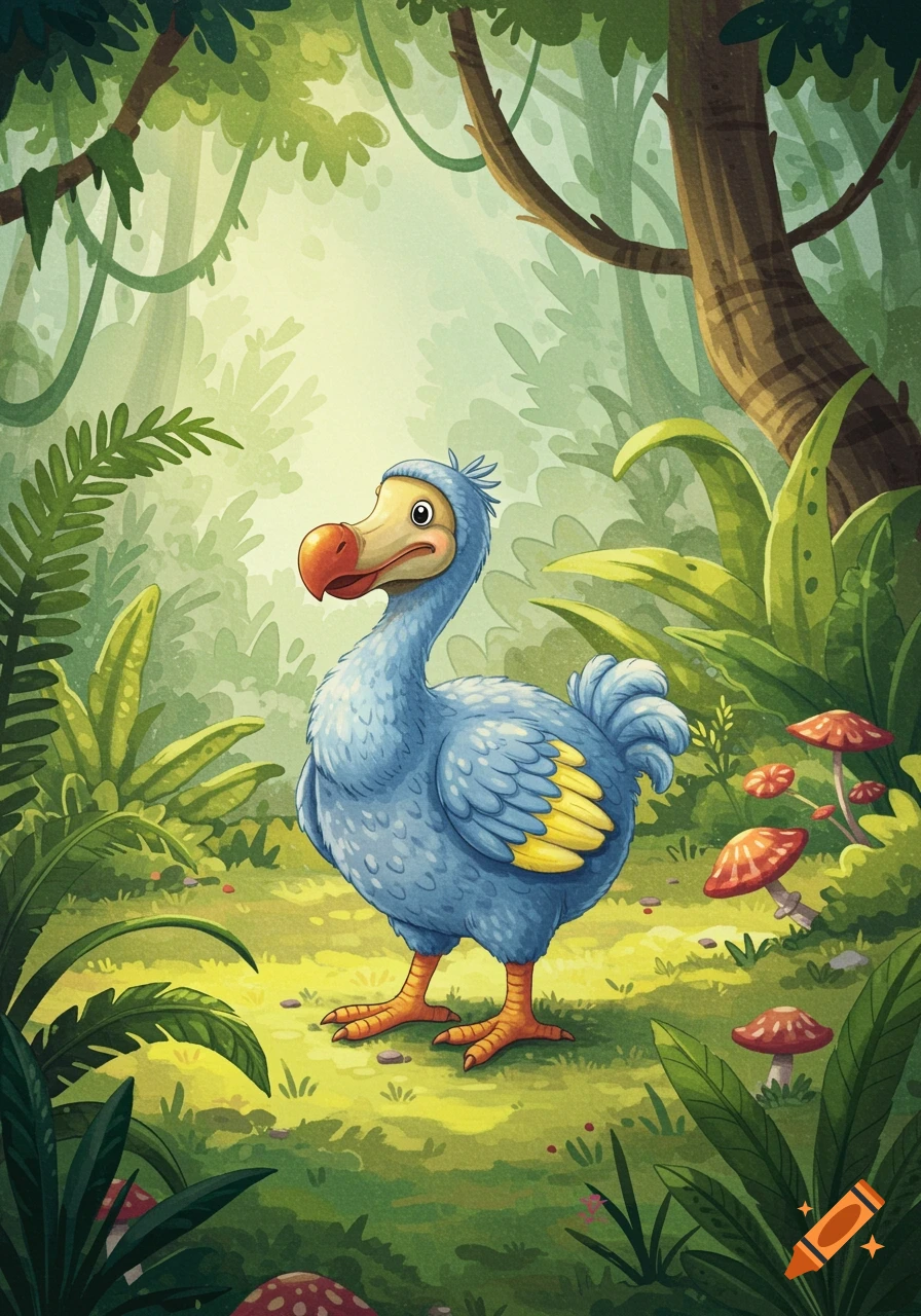 A friendly blue dodo with yellow wing tips stands in a vibrant, lush green jungle with trees and mushrooms, in a children's book style.