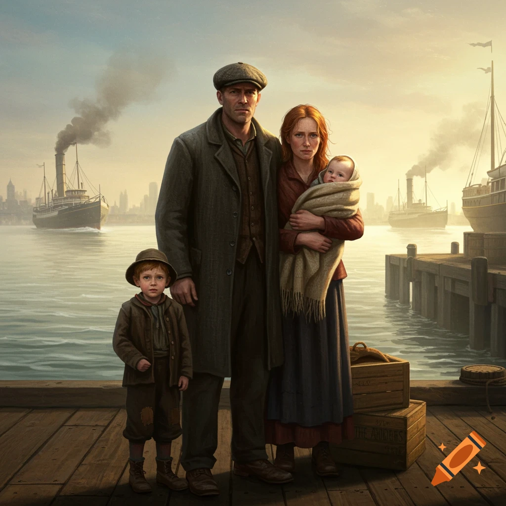 Realistic painting of an Irish immigrant family: a man, woman with baby, and boy on a dock, with ships and a city in the background.