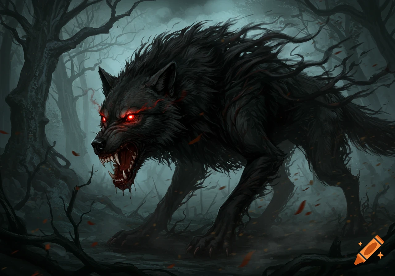 Dark fantasy art of a monstrous black wolf with glowing red eyes and a gaping, bloody maw, its fur appearing as dark tendrils, in a misty forest.