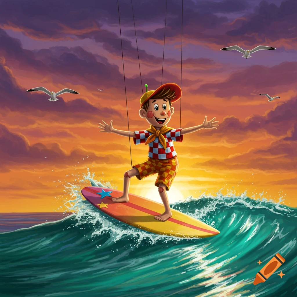 A cartoon puppet, resembling Howdy Doody, surfs on a wave at sunset, with seagulls flying above.