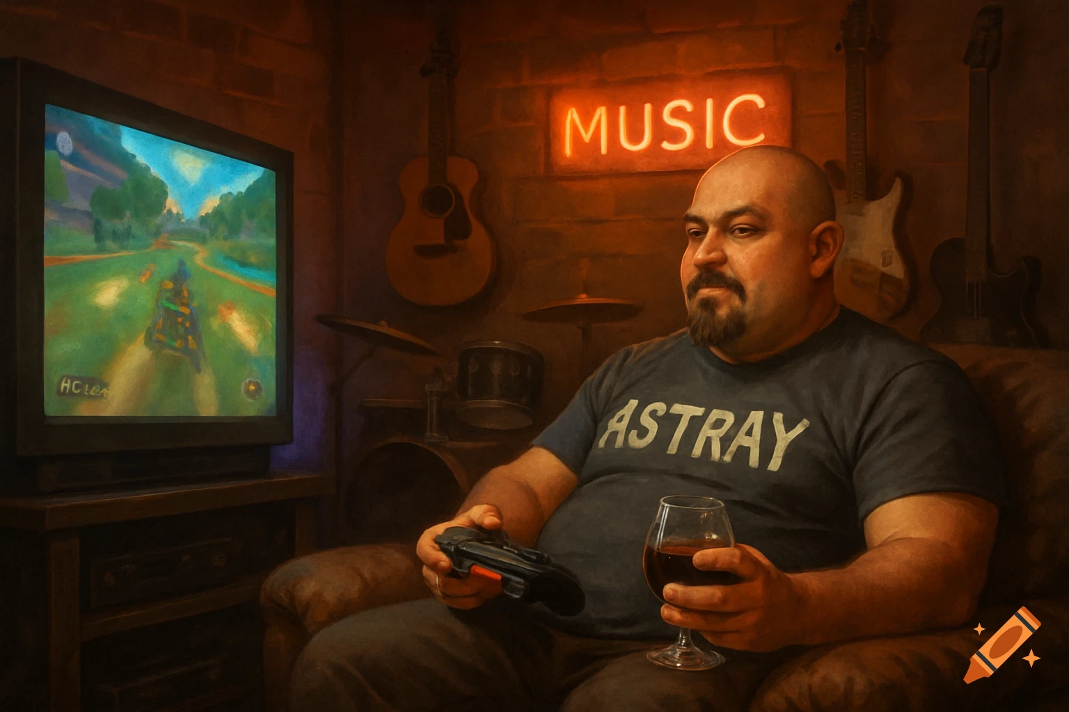 A short, stocky man with a goatee and shaved head plays video games and drinks wine in a dimly lit basement with music instruments.